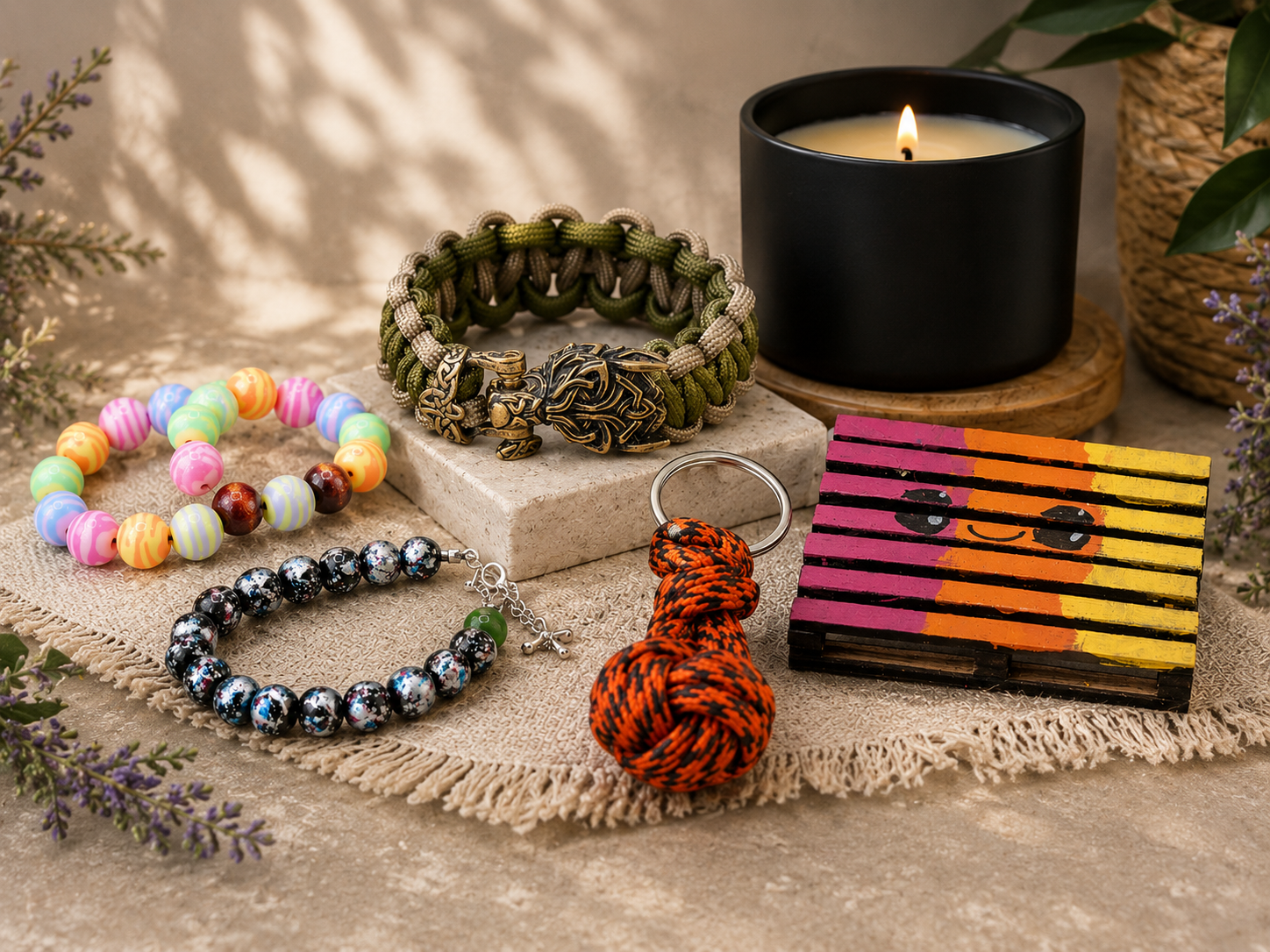 Stack of colorful handmade bracelets